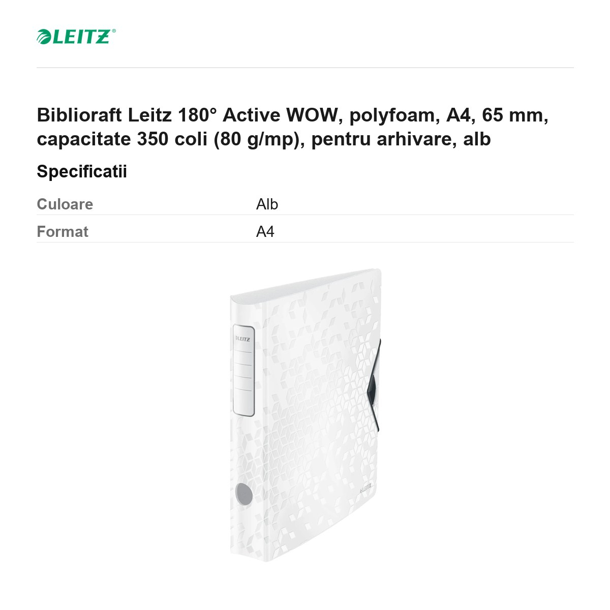 Biblioraft Leitz 180° Active WOW, polyfoam, A4, 65 mm, capacitate 350 coli (80 g/mp), pentru arhivare, alb [3]