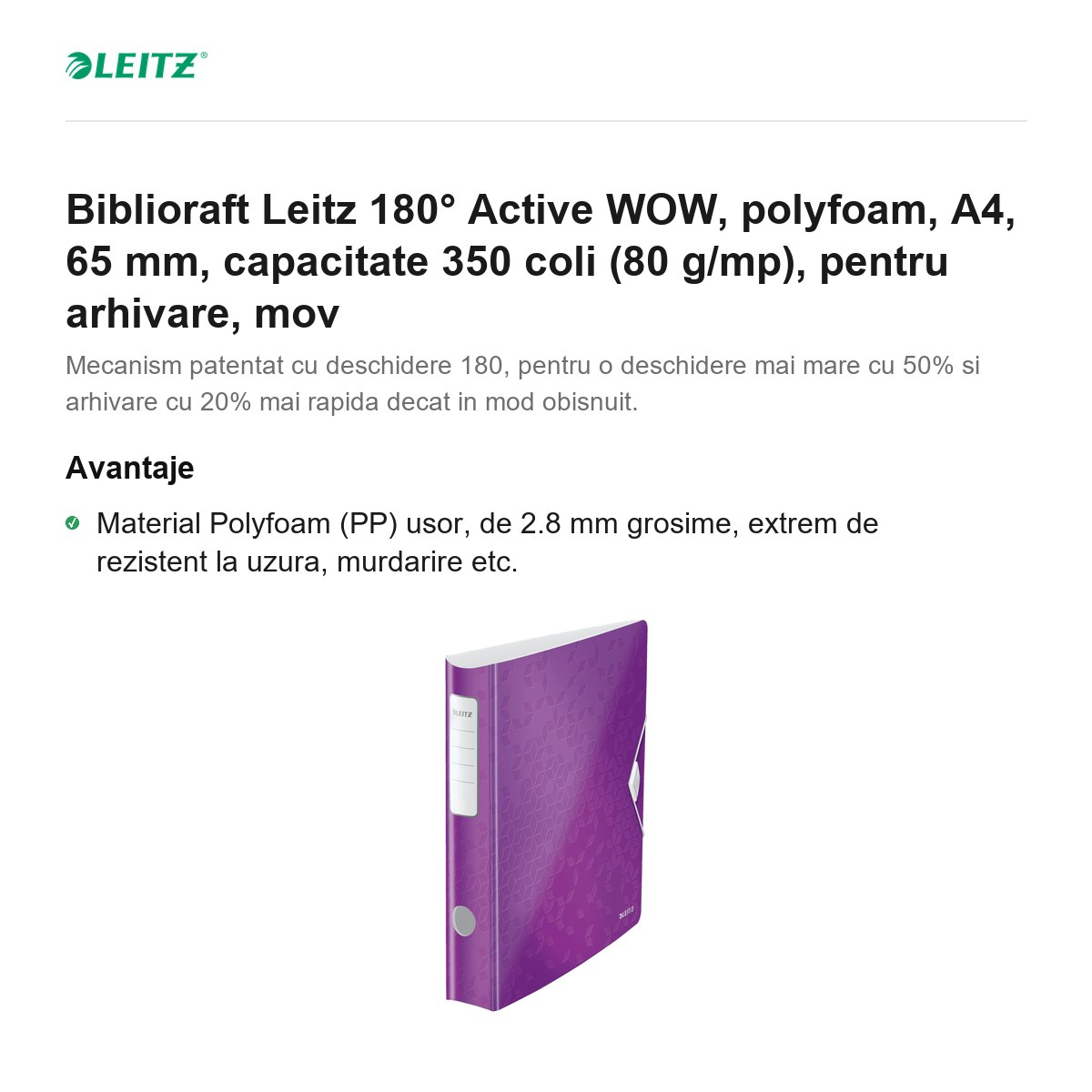Biblioraft Leitz 180° Active WOW, polyfoam, A4, 65 mm, capacitate 350 coli (80 g/mp), pentru arhivare, mov [2]