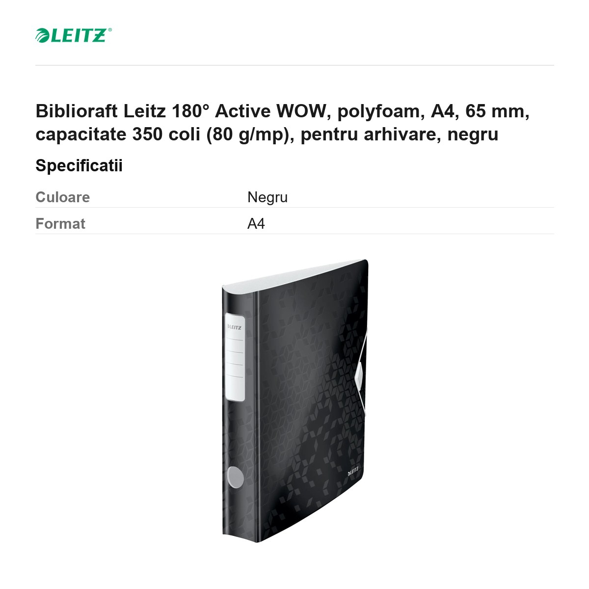 Biblioraft Leitz 180° Active WOW, polyfoam, A4, 65 mm, capacitate 350 coli (80 g/mp), pentru arhivare, negru [3]