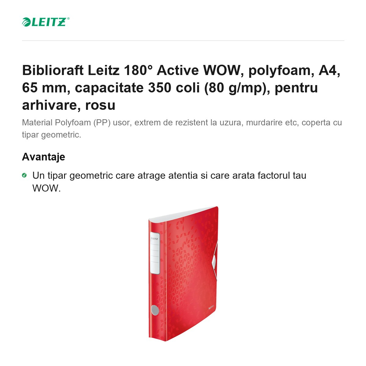 Biblioraft Leitz 180° Active WOW, polyfoam, A4, 65 mm, capacitate 350 coli (80 g/mp), pentru arhivare, rosu [2]