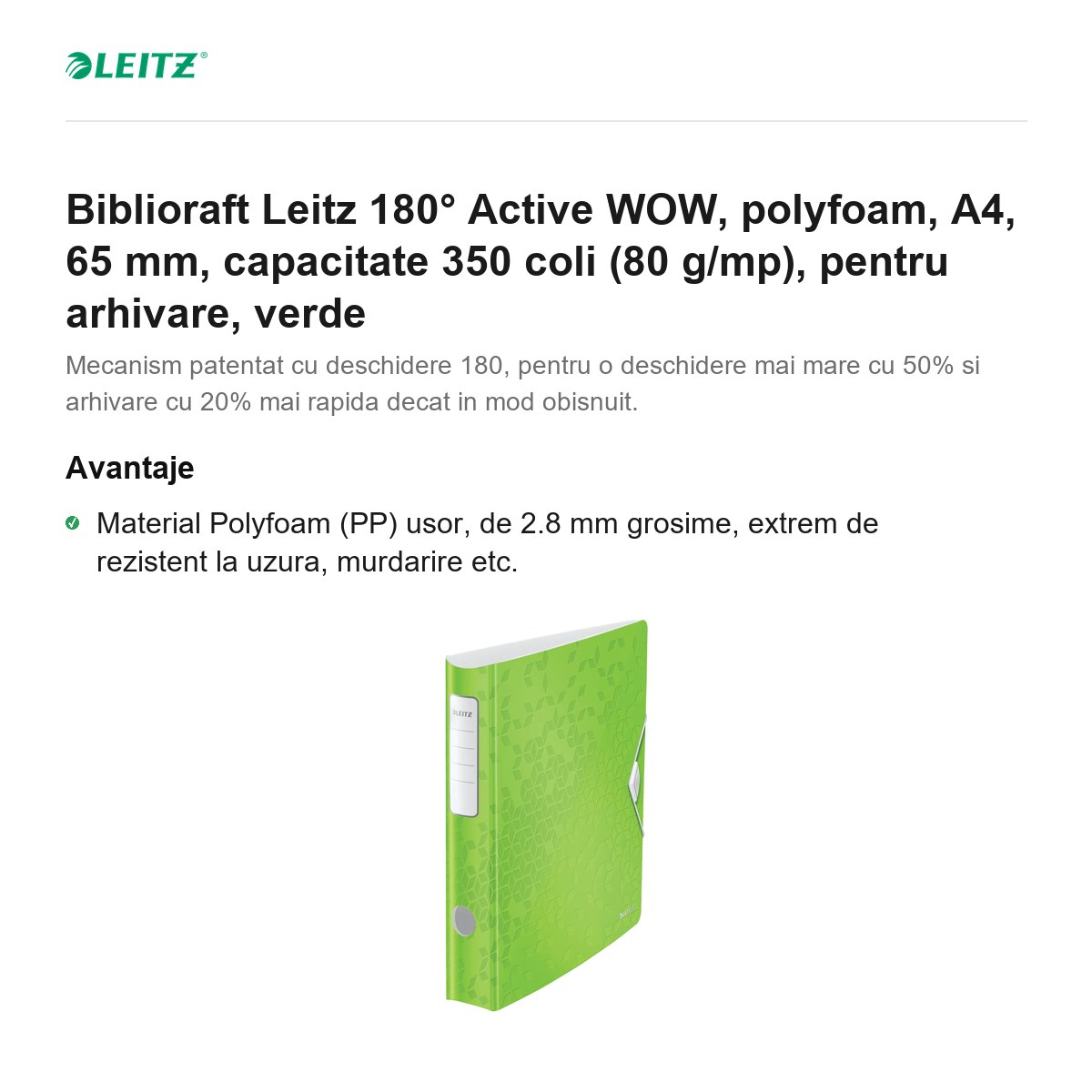 Biblioraft Leitz 180° Active WOW, polyfoam, A4, 65 mm, capacitate 350 coli (80 g/mp), pentru arhivare, verde [2]