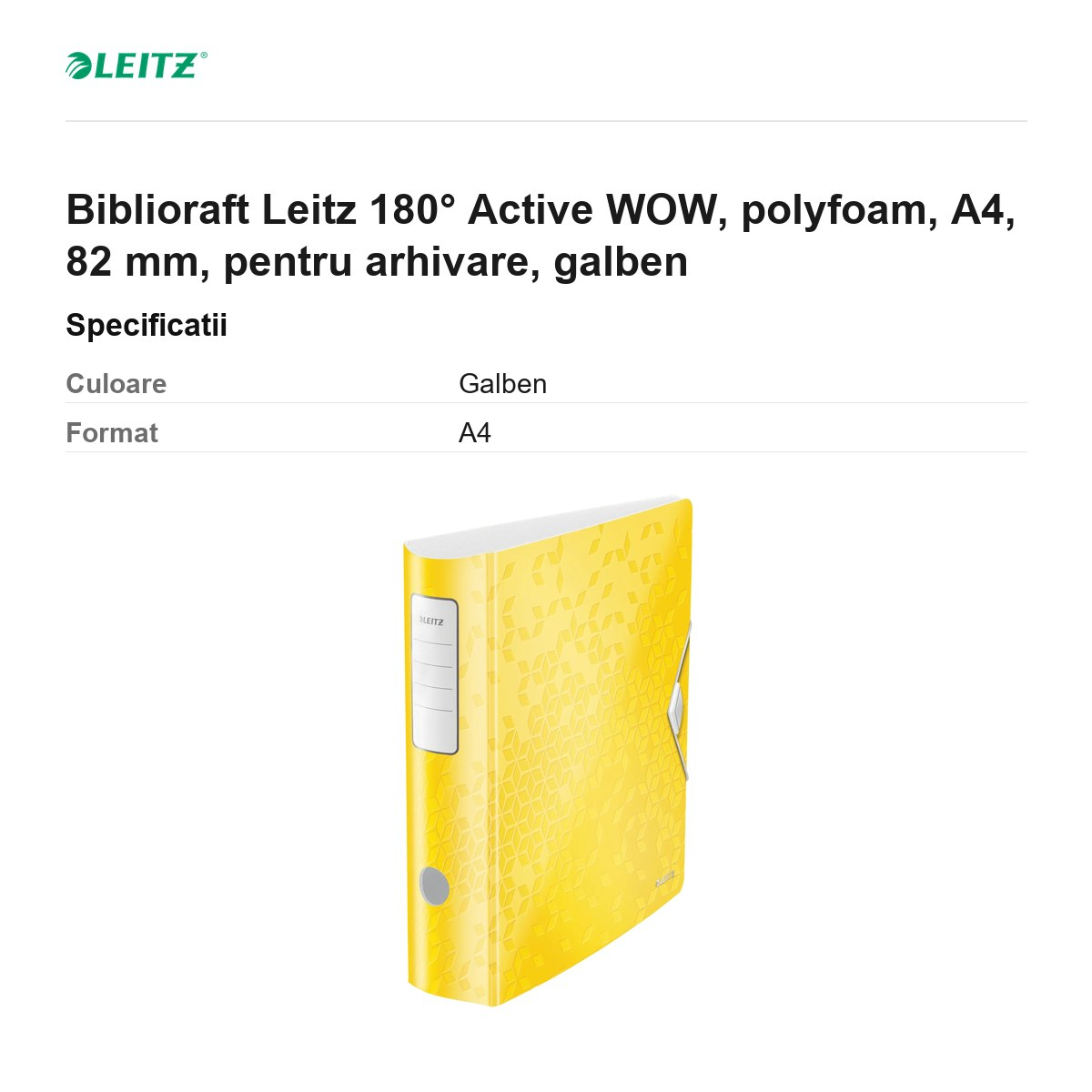 Biblioraft Leitz 180° Active WOW, polyfoam, A4, 82 mm, pentru arhivare, galben [3]