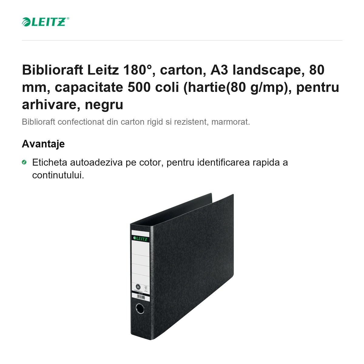 Biblioraft Leitz 180°, carton, A3 landscape, 80 mm, capacitate 500 coli (hartie(80 g/mp), pentru arhivare, negru [2]