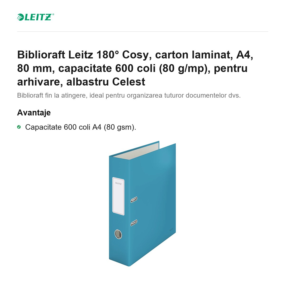 Biblioraft Leitz 180° Cosy, carton laminat, A4, 80 mm, capacitate 600 coli (80 g/mp), pentru arhivare, albastru Celest [2]