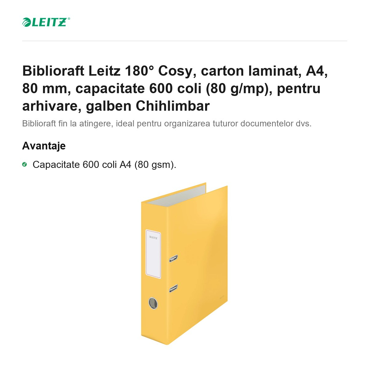 Biblioraft Leitz 180° Cosy, carton laminat, A4, 80 mm, capacitate 600 coli (80 g/mp), pentru arhivare, galben Chihlimbar [2]