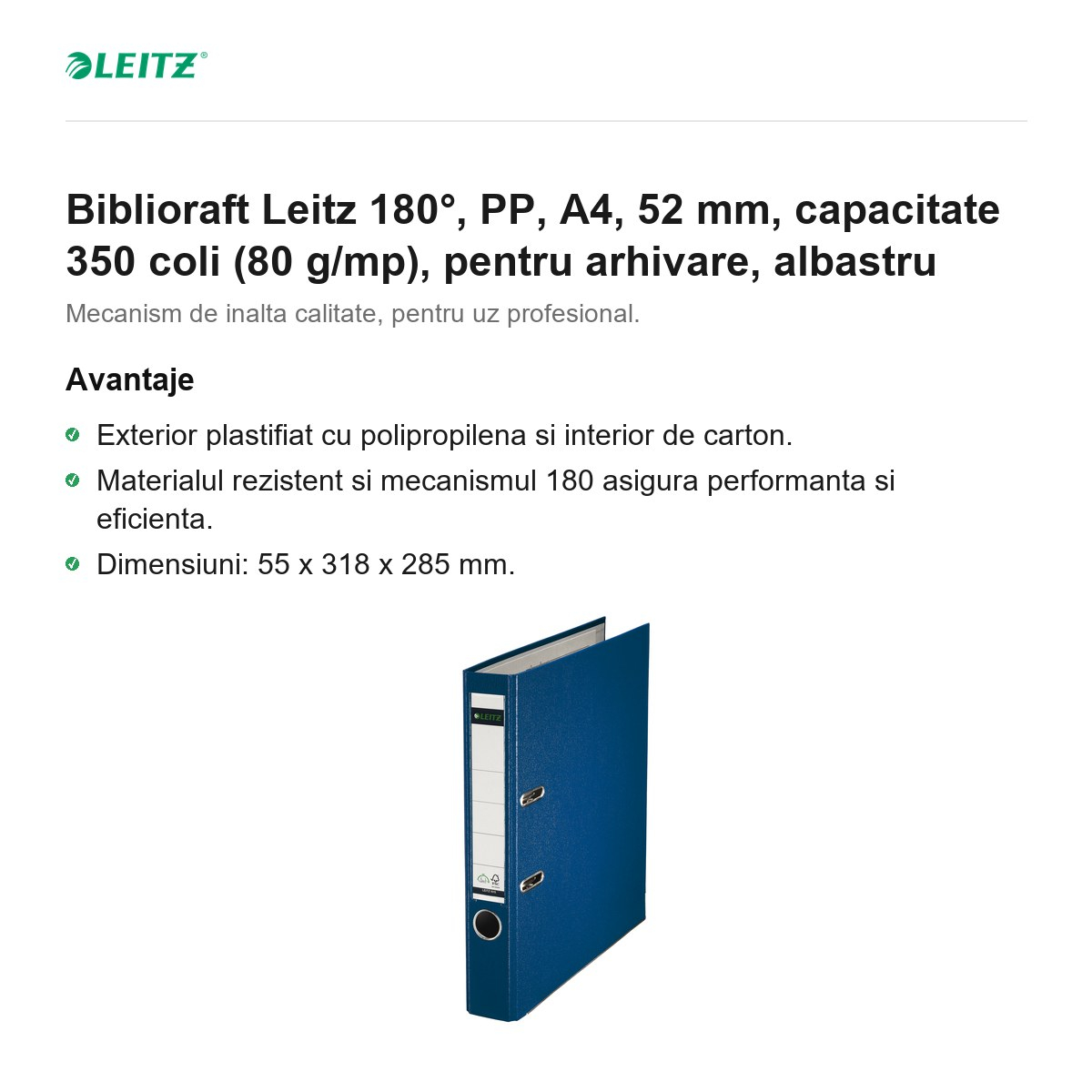 Biblioraft Leitz 180°, PP, A4, 52 mm, capacitate 350 coli (80 g/mp), pentru arhivare, albastru [2]
