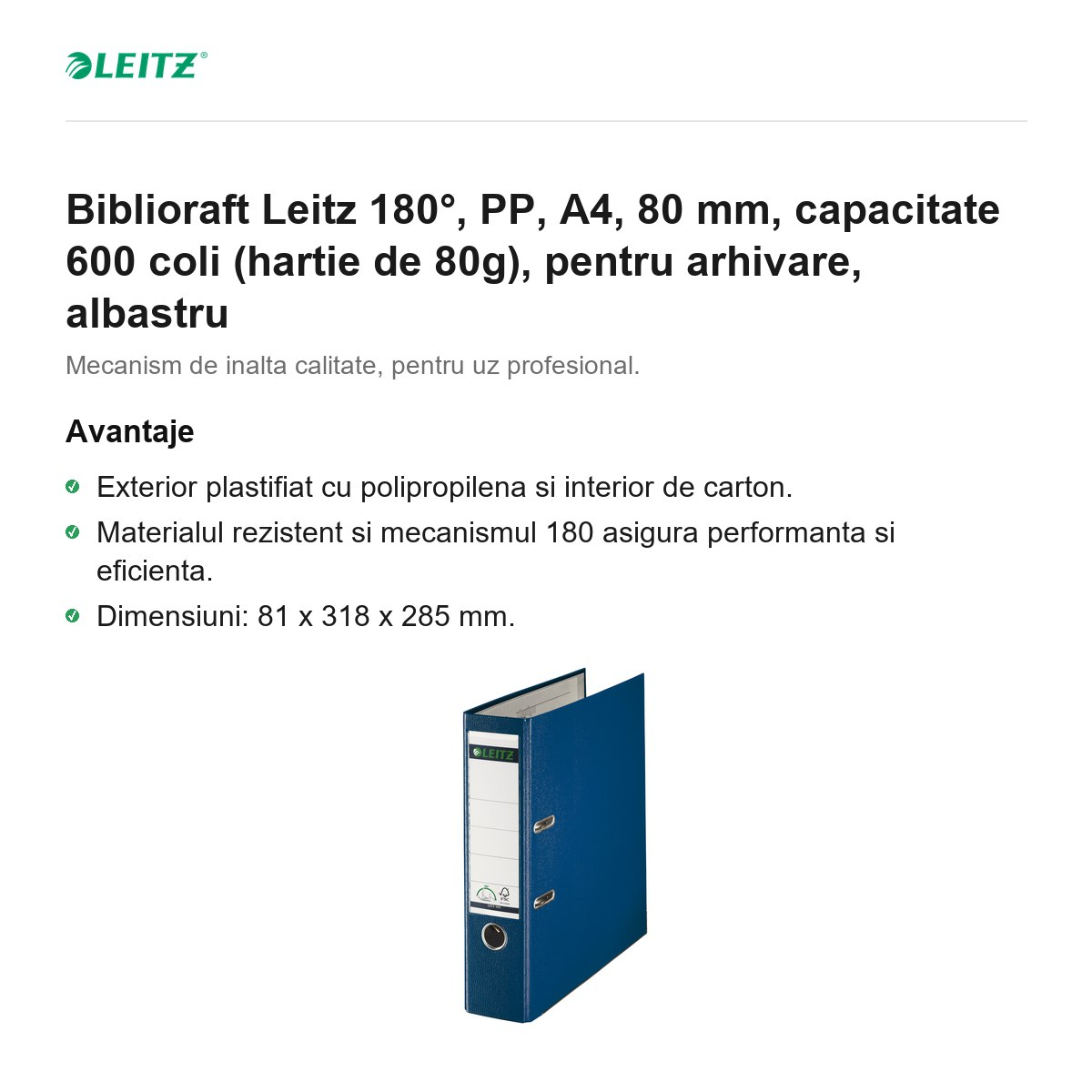 Biblioraft Leitz 180°, PP, A4, 80 mm, capacitate 600 coli (hartie de 80g), pentru arhivare, albastru [2]