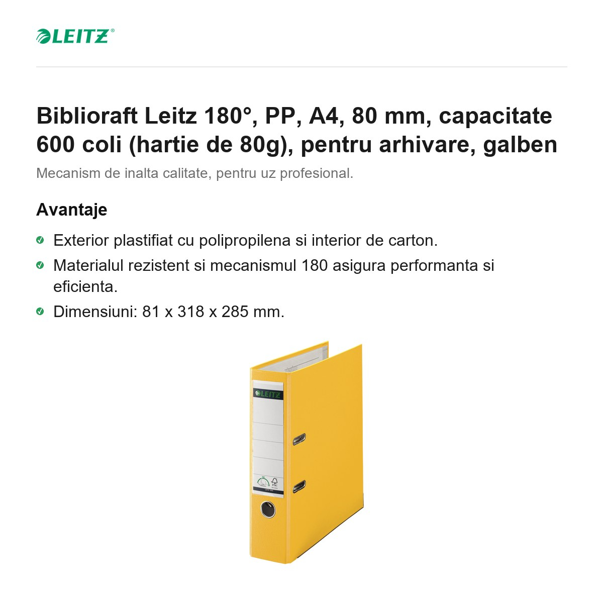 Biblioraft Leitz 180°, PP, A4, 80 mm, capacitate 600 coli (hartie de 80g), pentru arhivare, galben [2]
