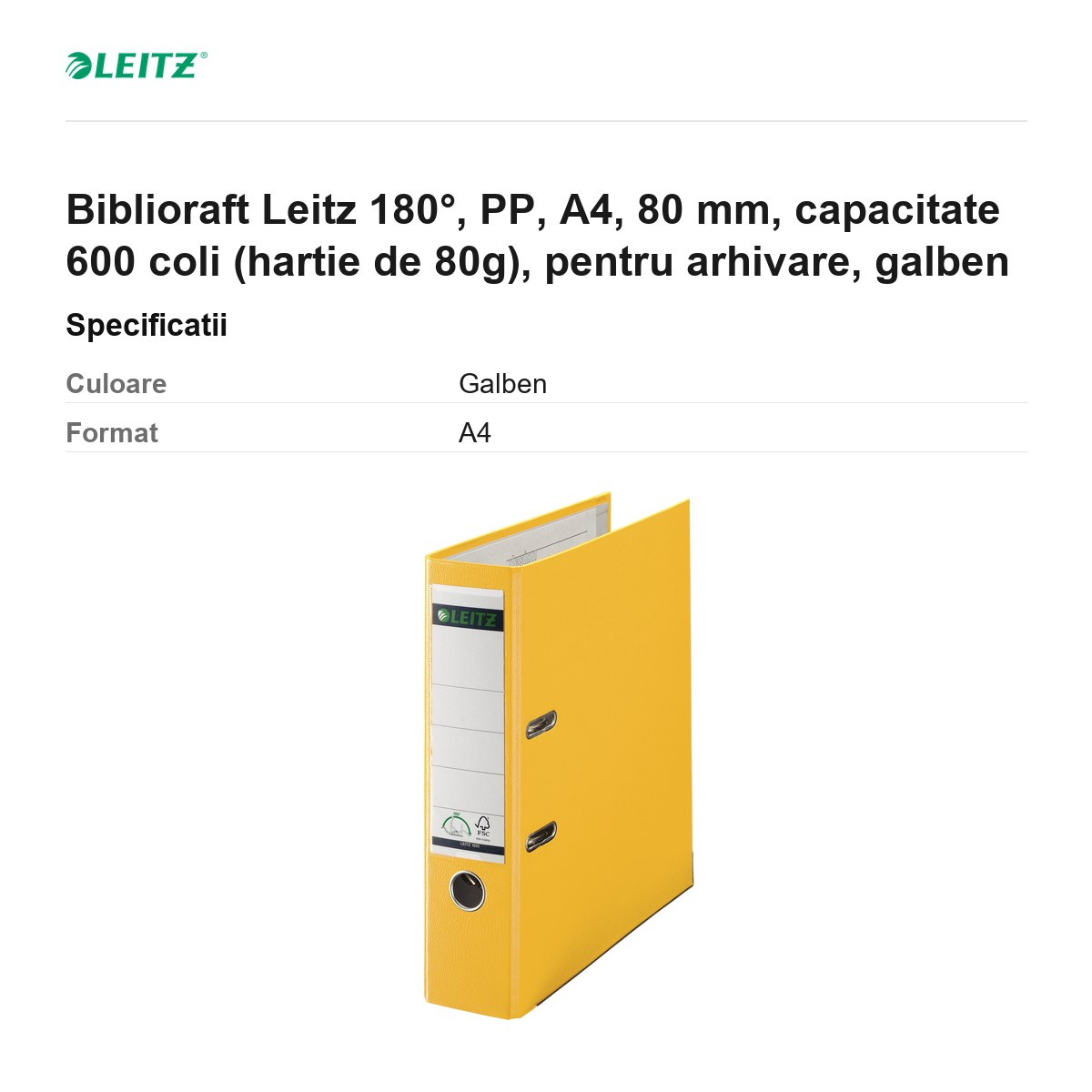 Biblioraft Leitz 180°, PP, A4, 80 mm, capacitate 600 coli (hartie de 80g), pentru arhivare, galben [3]
