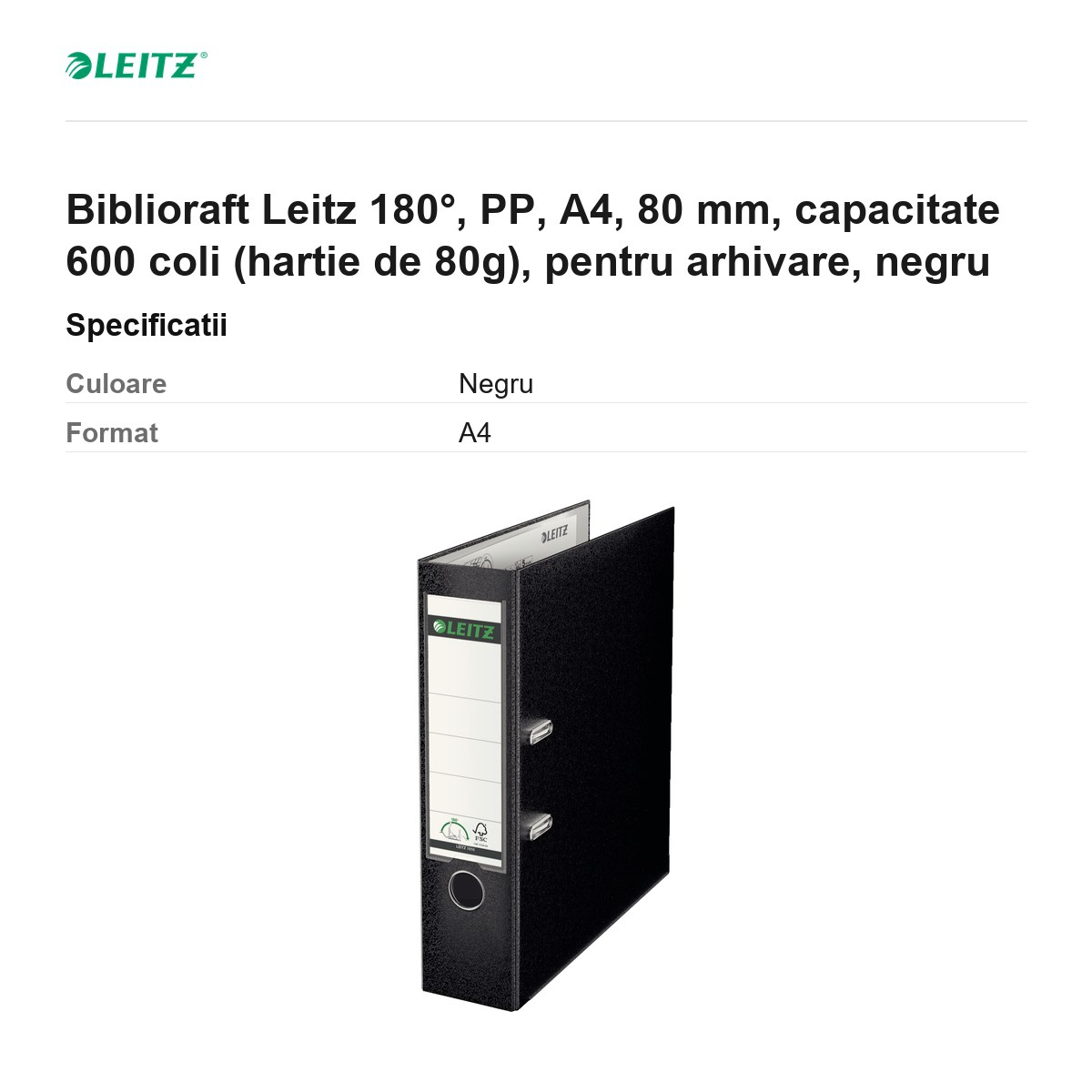 Biblioraft Leitz 180°, PP, A4, 80 mm, capacitate 600 coli (hartie de 80g), pentru arhivare, negru [3]