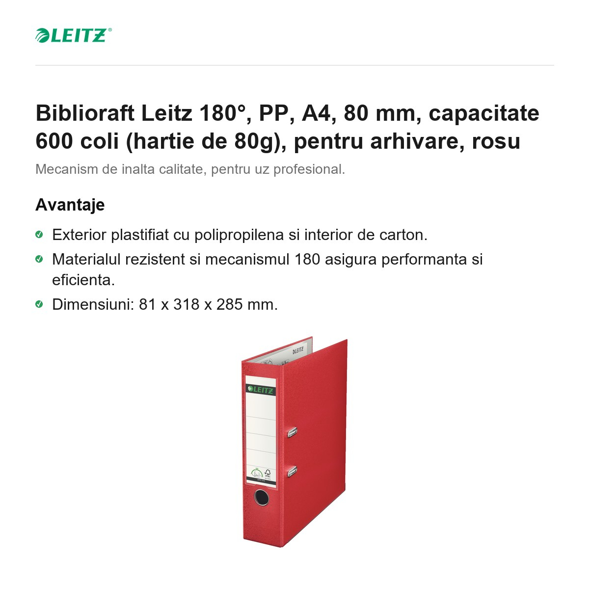 Biblioraft Leitz 180°, PP, A4, 80 mm, capacitate 600 coli (hartie de 80g), pentru arhivare, rosu [2]
