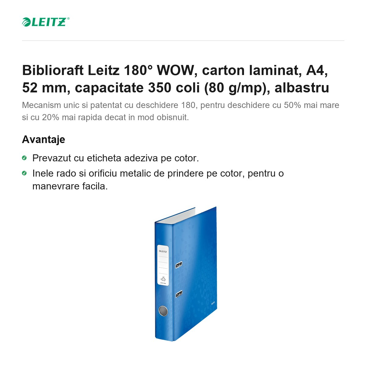 Biblioraft Leitz 180° WOW, carton laminat, A4, 52 mm, capacitate 350 coli (80 g/mp), albastru [2]