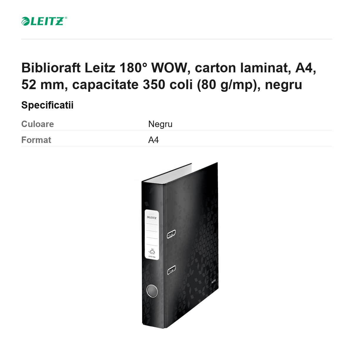 Biblioraft Leitz 180° WOW, carton laminat, A4, 52 mm, capacitate 350 coli (80 g/mp), negru [3]