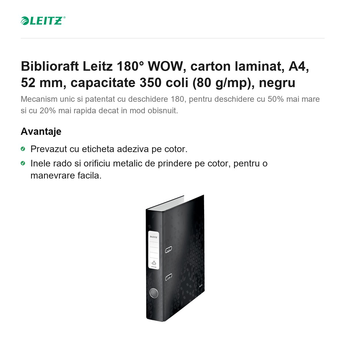 Biblioraft Leitz 180° WOW, carton laminat, A4, 52 mm, capacitate 350 coli (80 g/mp), negru [2]