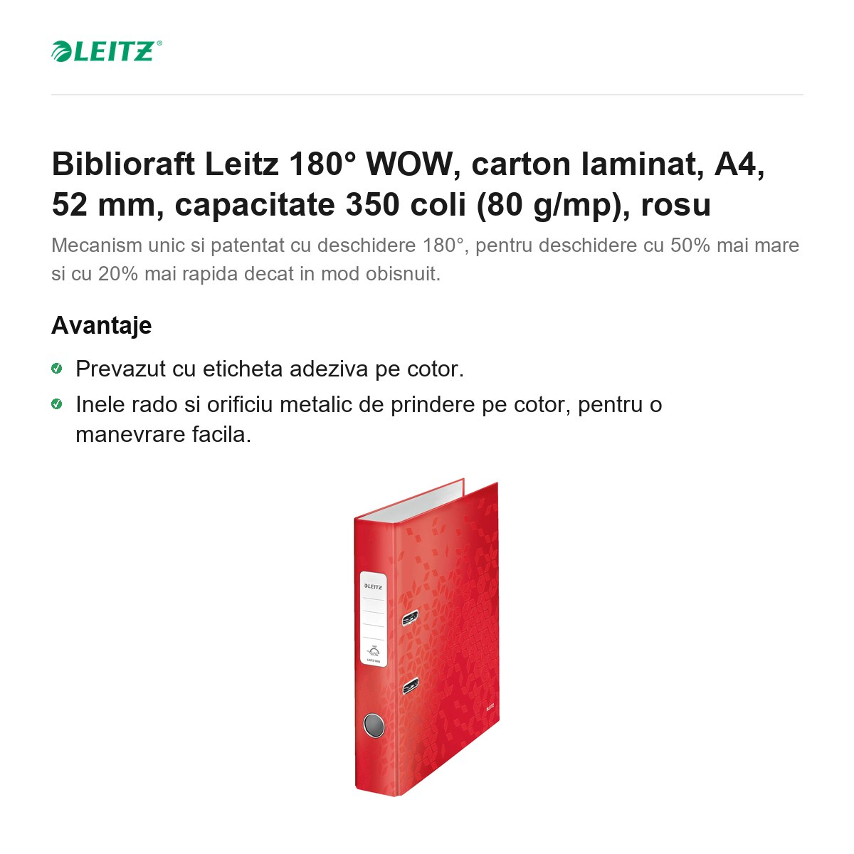 Biblioraft Leitz 180° WOW, carton laminat, A4, 52 mm, capacitate 350 coli (80 g/mp), rosu [2]