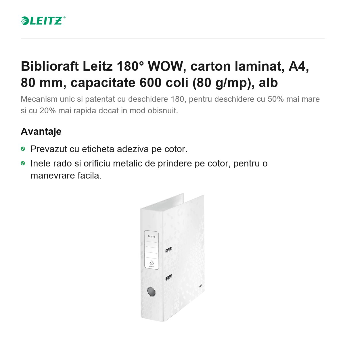 Biblioraft Leitz 180° WOW, carton laminat, A4, 80 mm, capacitate 600 coli (80 g/mp), alb [2]