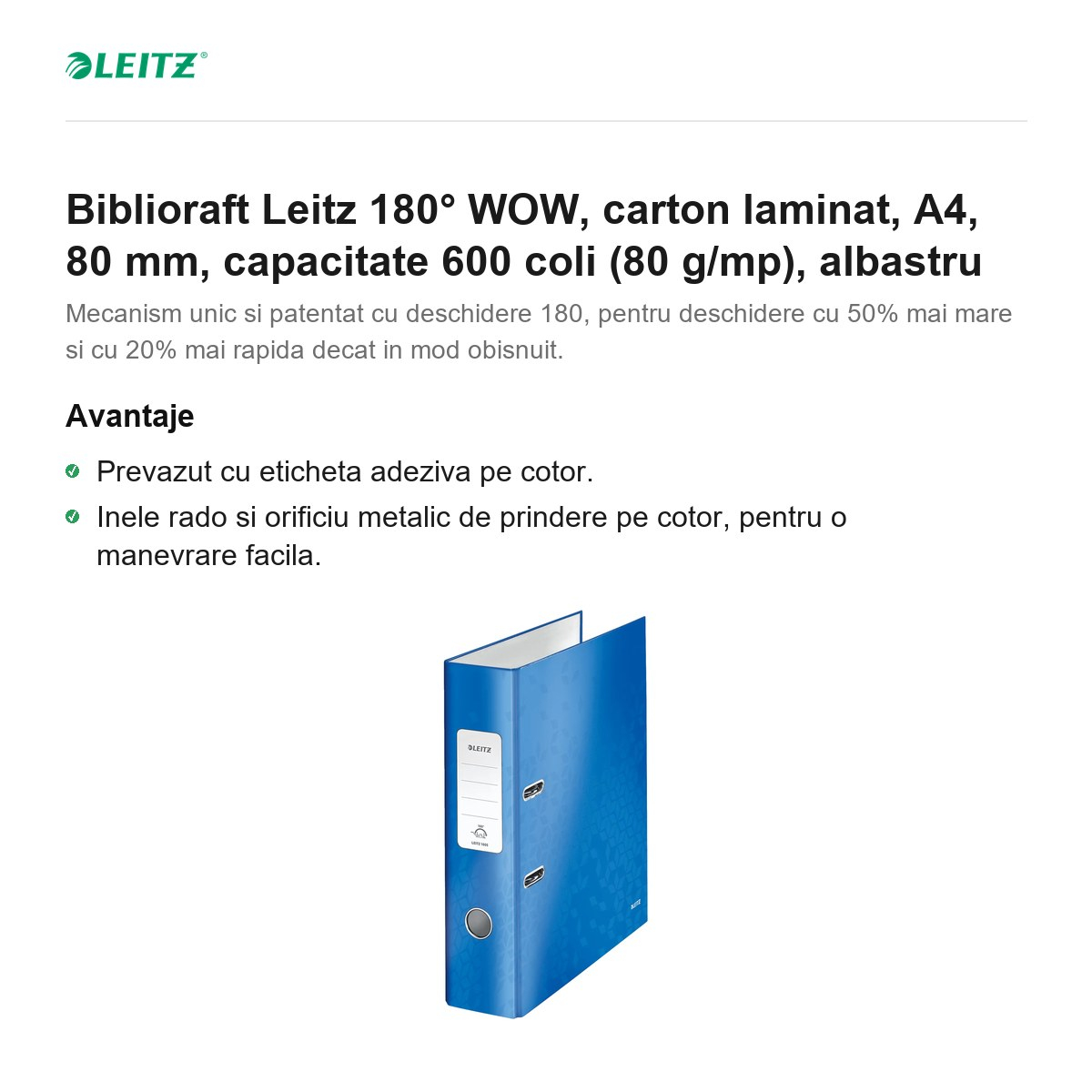 Biblioraft Leitz 180° WOW, carton laminat, A4, 80 mm, capacitate 600 coli (80 g/mp), albastru [2]