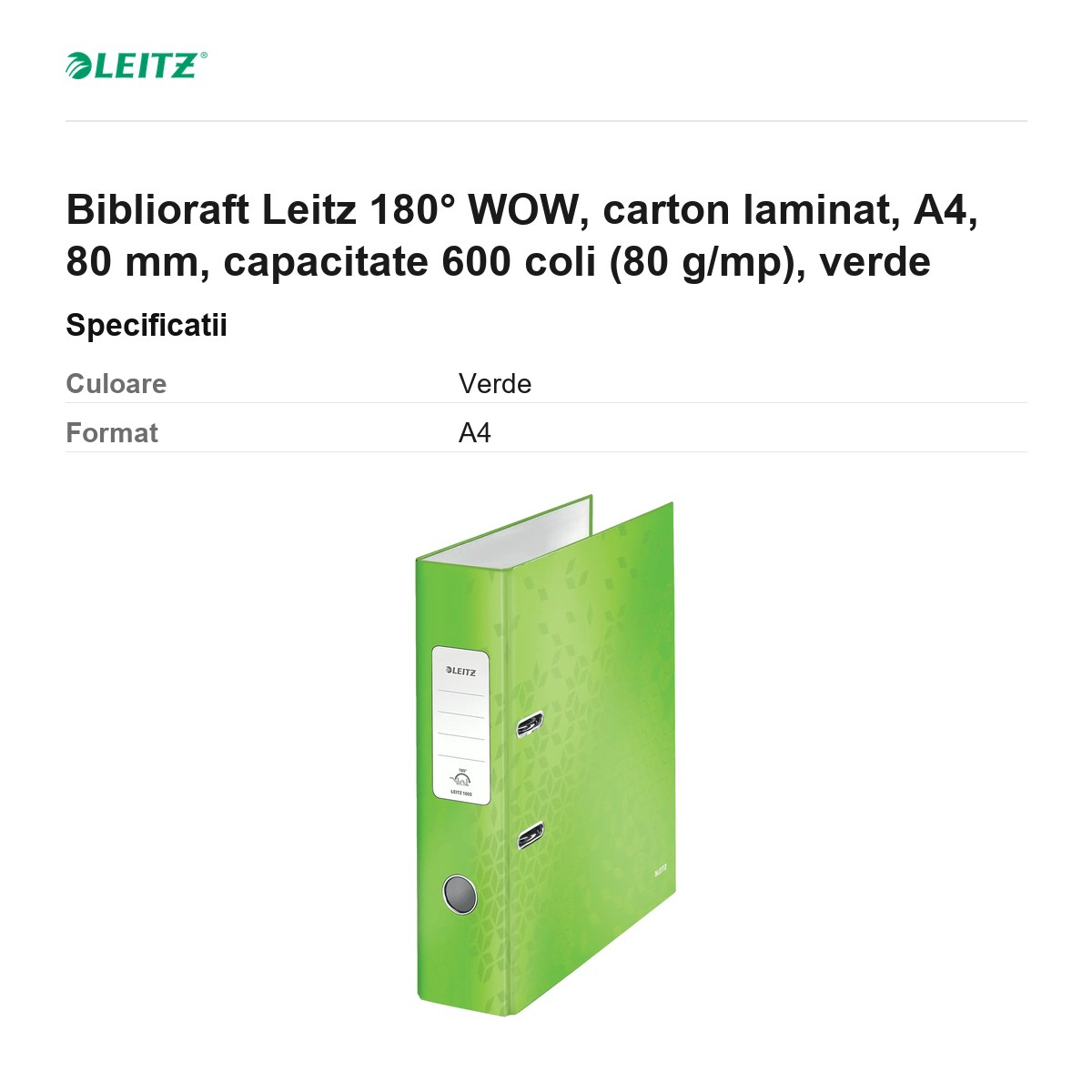 Biblioraft Leitz 180° WOW, carton laminat, A4, 80 mm, capacitate 600 coli (80 g/mp), verde [3]