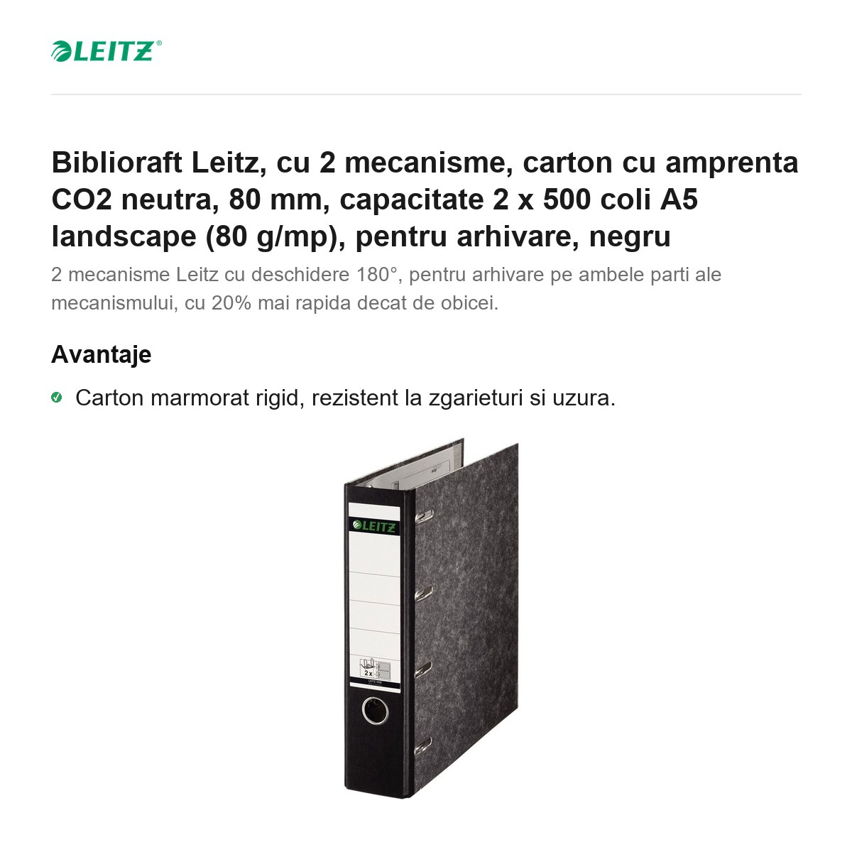 Biblioraft Leitz, cu 2 mecanisme, carton cu amprenta CO2 neutra, 80 mm, capacitate 2 x 500 coli A5 landscape (80 g/mp), pentru arhivare, negru [2]