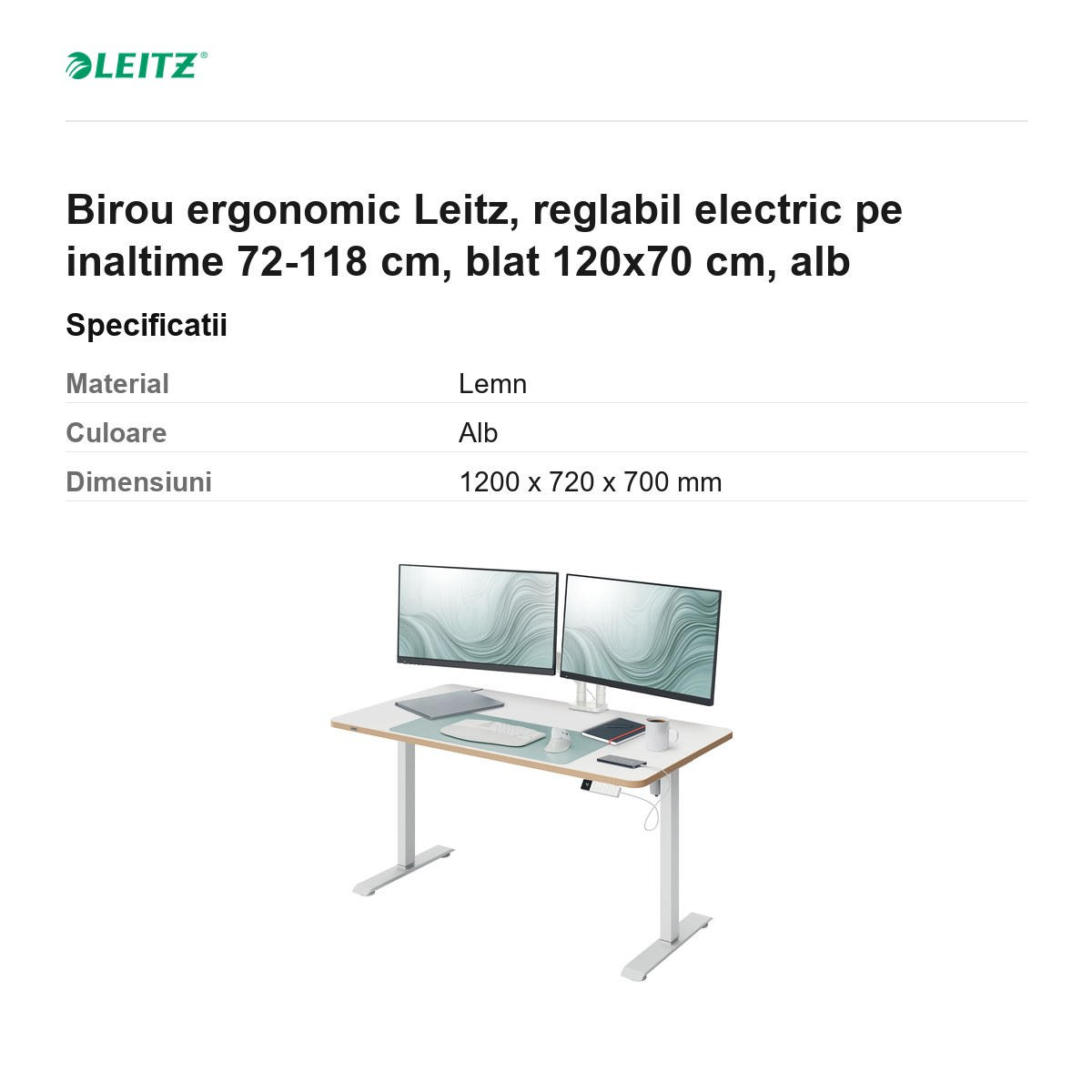 Birou ergonomic Leitz, reglabil electric pe inaltime 72-118 cm, blat 120x70 cm, alb [3]