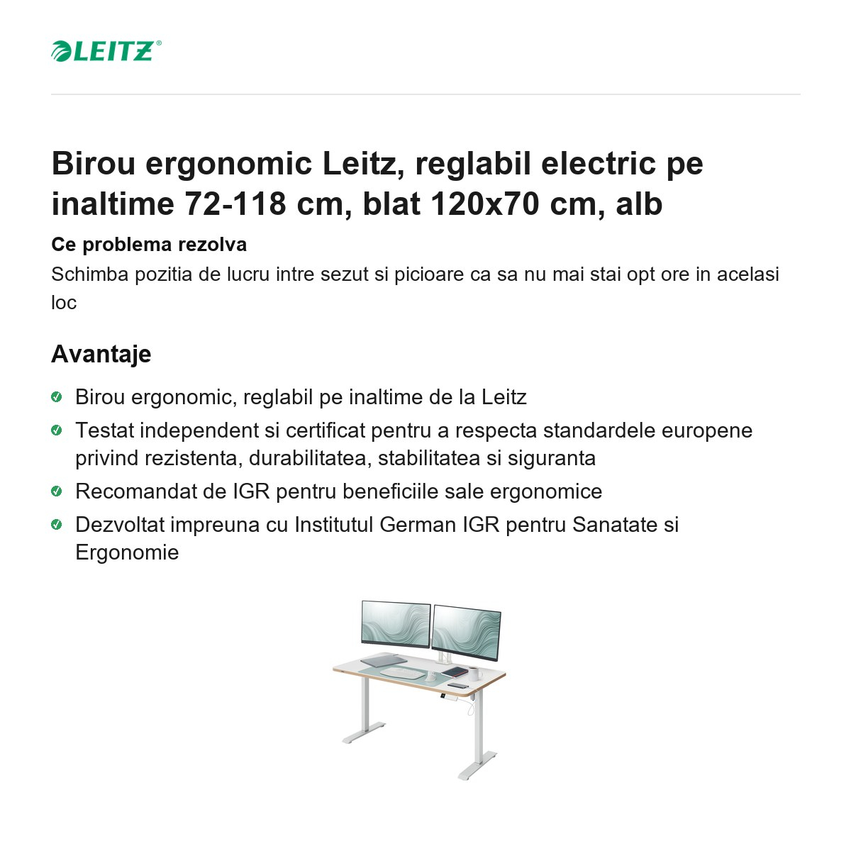 Birou ergonomic Leitz, reglabil electric pe inaltime 72-118 cm, blat 120x70 cm, alb [2]