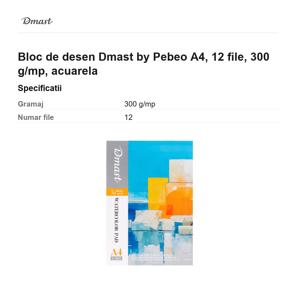 Bloc de desen Dmast by Pebeo A4, 12 file, 300 g/mp, acuarela [3]