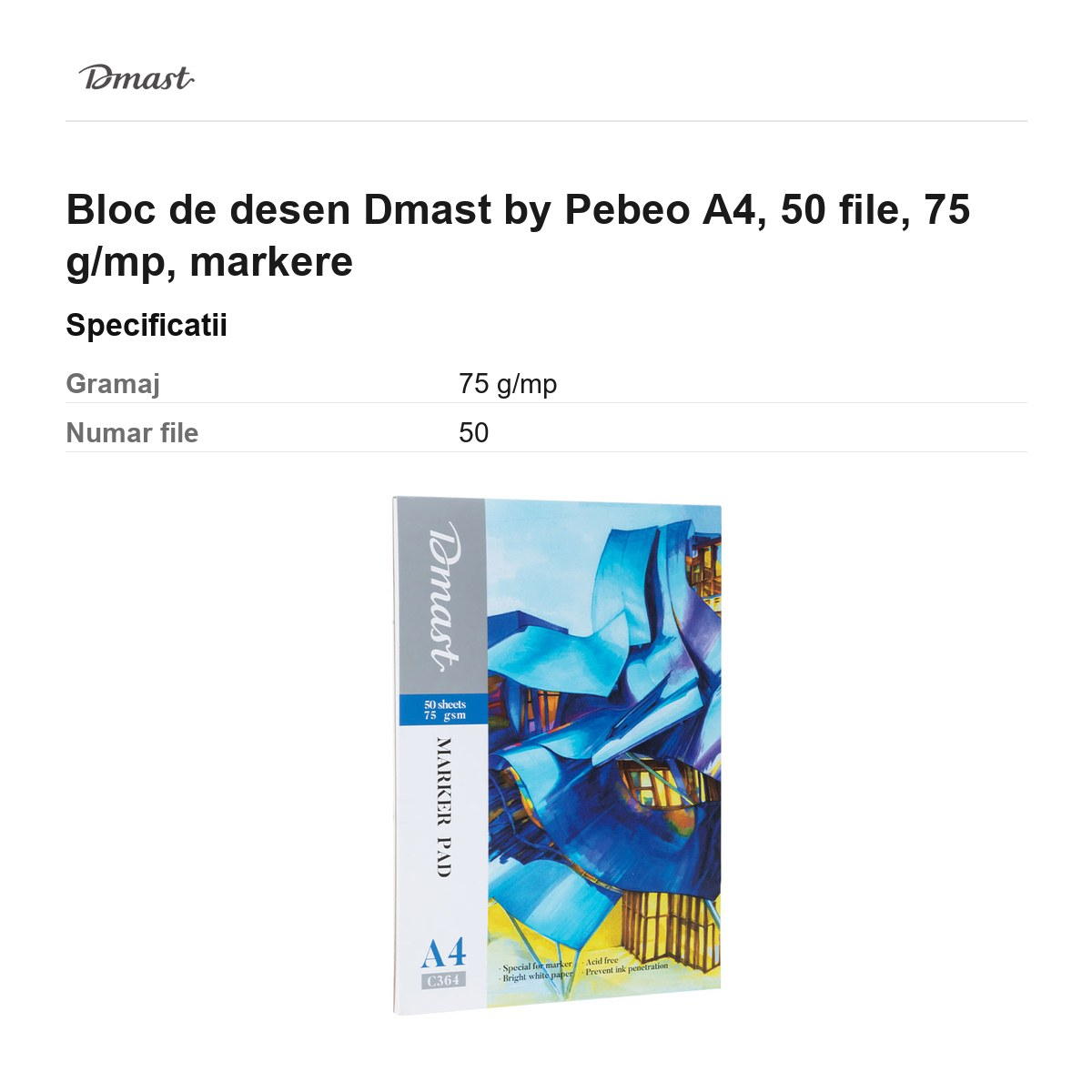 Bloc de desen Dmast by Pebeo A4, 50 file, 75 g/mp, markere [3]