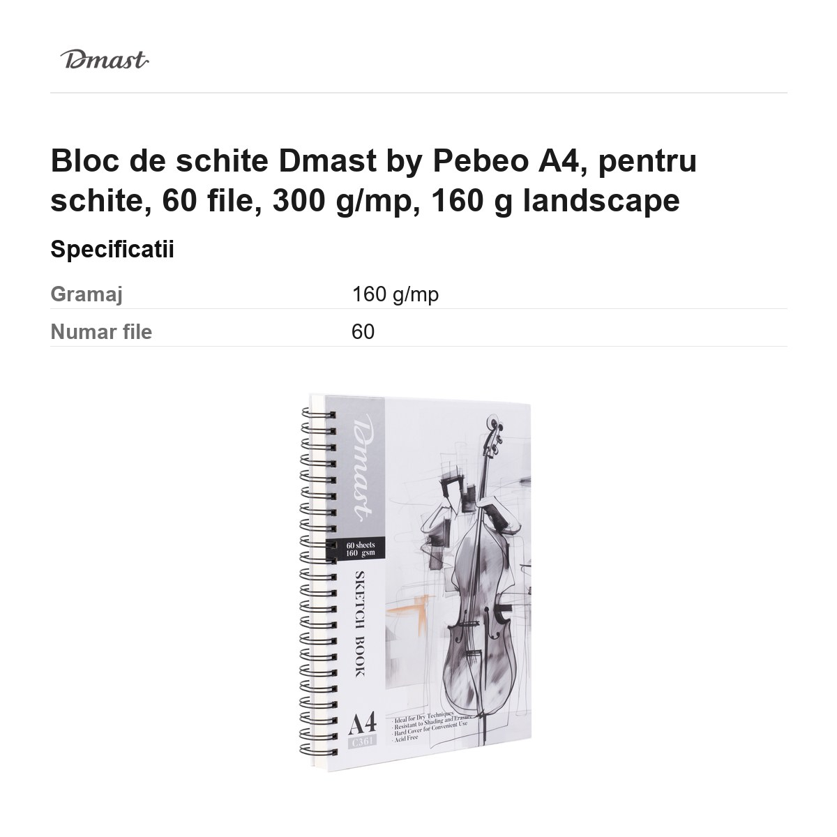 Bloc de schite Dmast by Pebeo A4, pentru schite, 60 file, 300 g/mp, 160 g landscape [3]