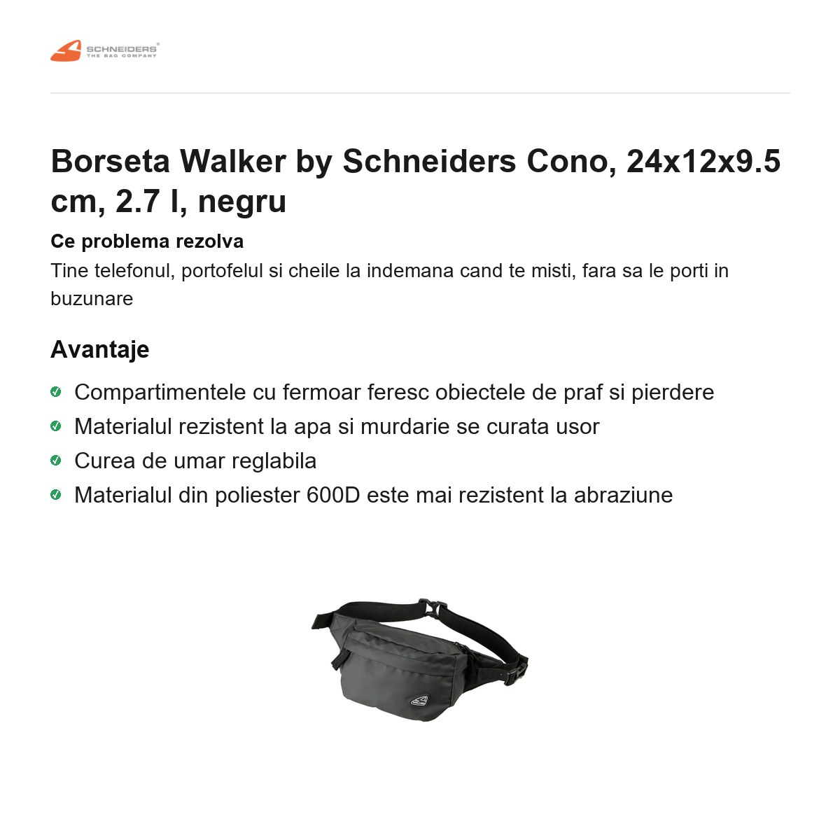 Borseta Walker by Schneiders Cono, 24x12x9.5 cm, 2.7 l, negru [2]
