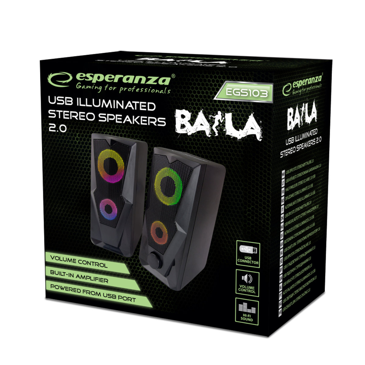 Boxe 6W USB 2.0 cu LED RGB, Esperanza Rainbow BAILA, cablu 120 cm, control volum, negre [3]