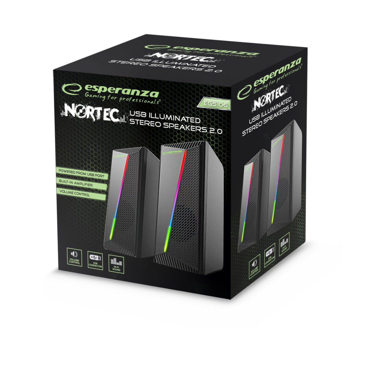 Boxe stereo 2.0, 6W, conectare jack 3.5mm, alimentare USB, Esperanza Rainbow Nortec 95855, iluminare RGB, negre [7]
