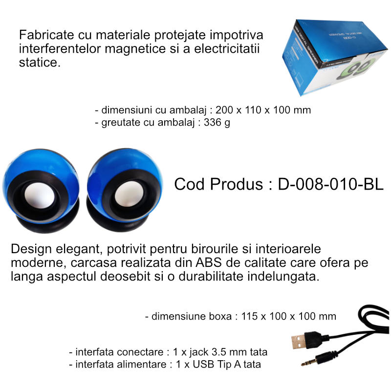 Boxe stereo 2.0, design Globe, 2x 3W, alimentare USB, conectare jack 3.5mm, albastre [5]