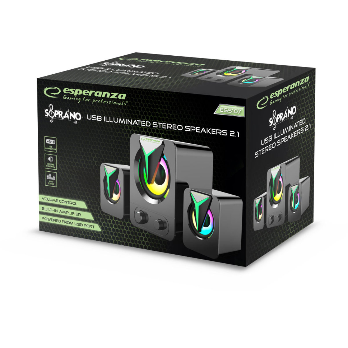Boxe stereo 2.1, 10W, conectare jack 3.5mm, alimentare USB, Esperanza Rainbow Soprano 95857, iluminare RGB, negre [7]