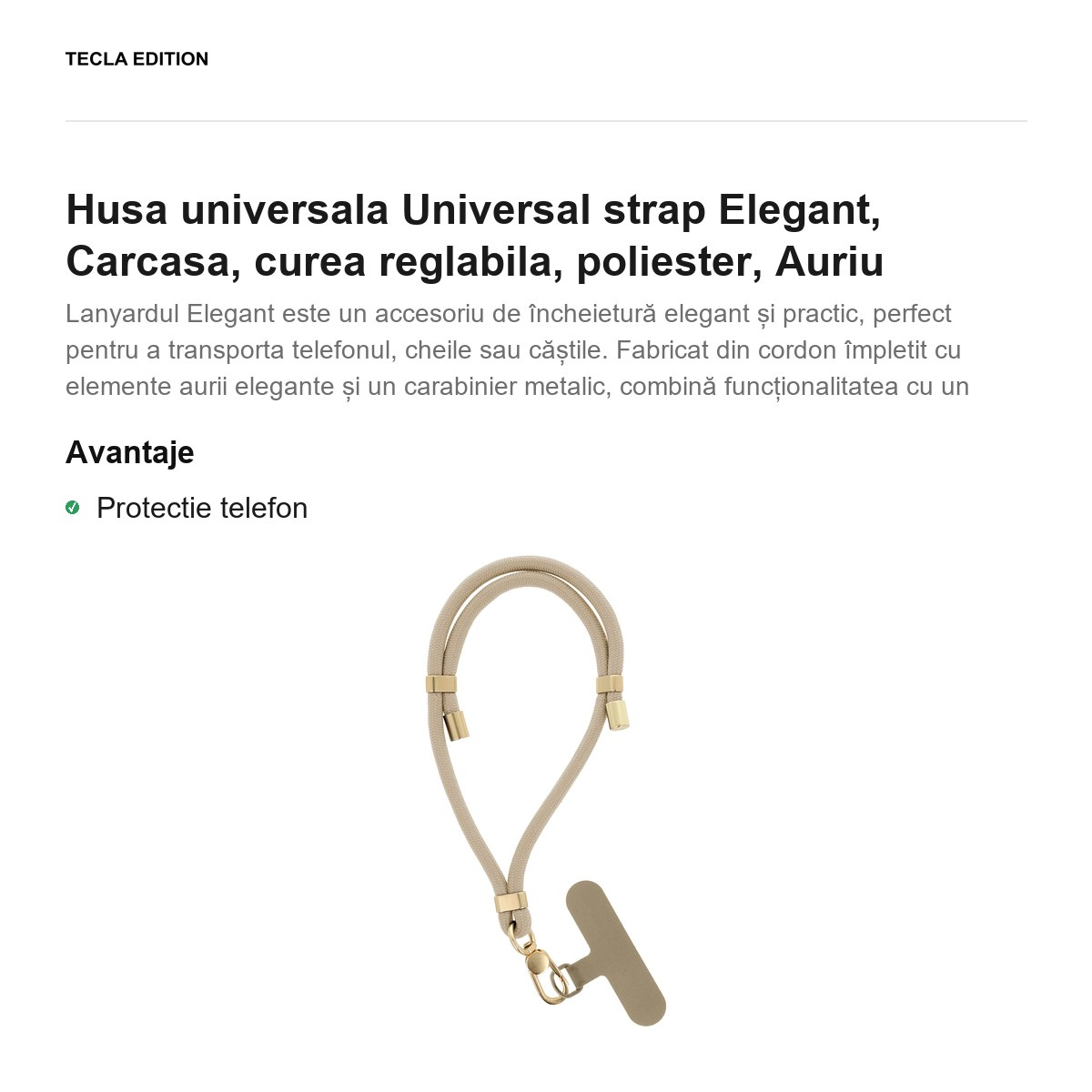 Bratara Elegant pentru telefon, lungime 50 cm, grosime 6mm, prindere la incheietura mainii, carabiniera metalica, cu insertie inclusa pentru montare sub carcasa, poliester, Aurie [2]