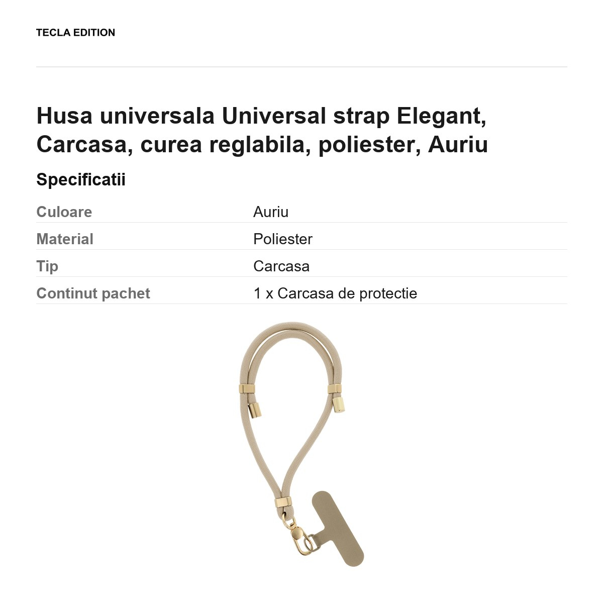 Bratara Elegant pentru telefon, lungime 50 cm, grosime 6mm, prindere la incheietura mainii, carabiniera metalica, cu insertie inclusa pentru montare sub carcasa, poliester, Aurie [3]