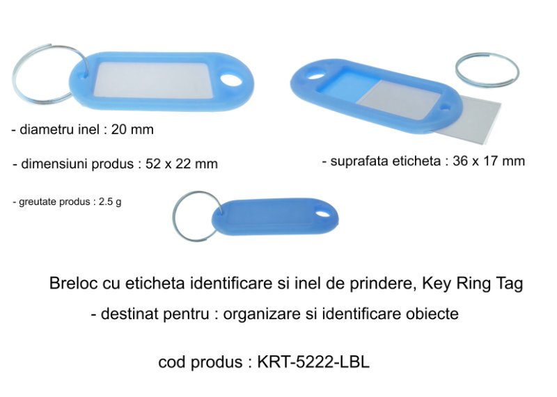 Breloc albastru deschis cu eticheta identificare si inel de prindere, Key Ring Tag, 52 x 22 mm, din plastic [15]