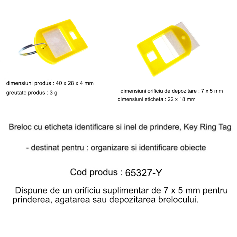 Breloc galben, 40 x 28 mm, cu eticheta de identificare si inel de prindere, Key Ring Tag, din plastic [9]
