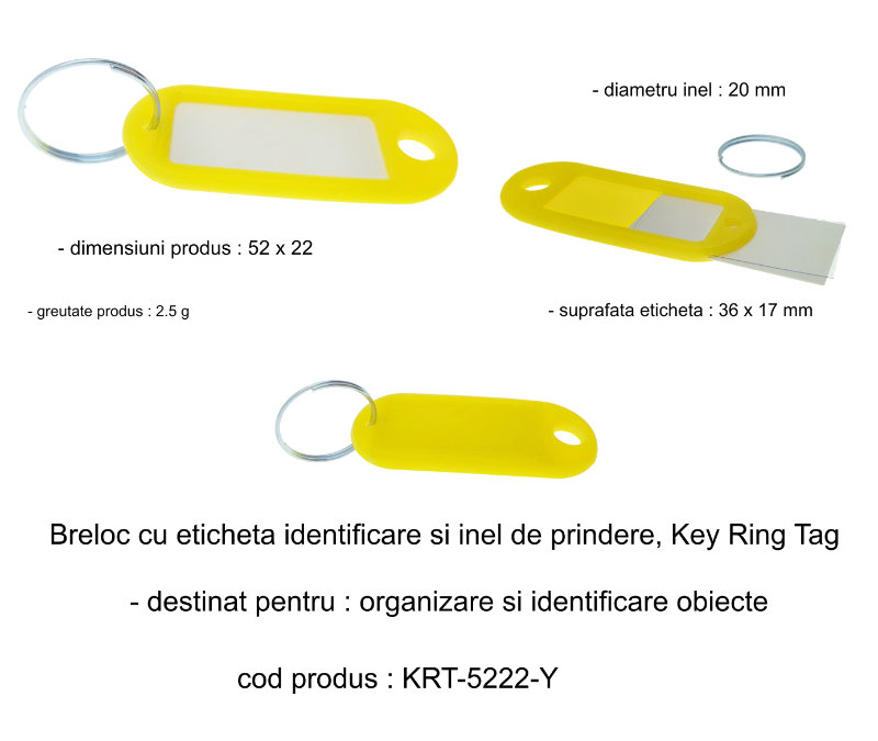 Breloc galben cu eticheta identificare si inel de prindere, Key Ring Tag, 52 x 22 mm, din plastic [6]