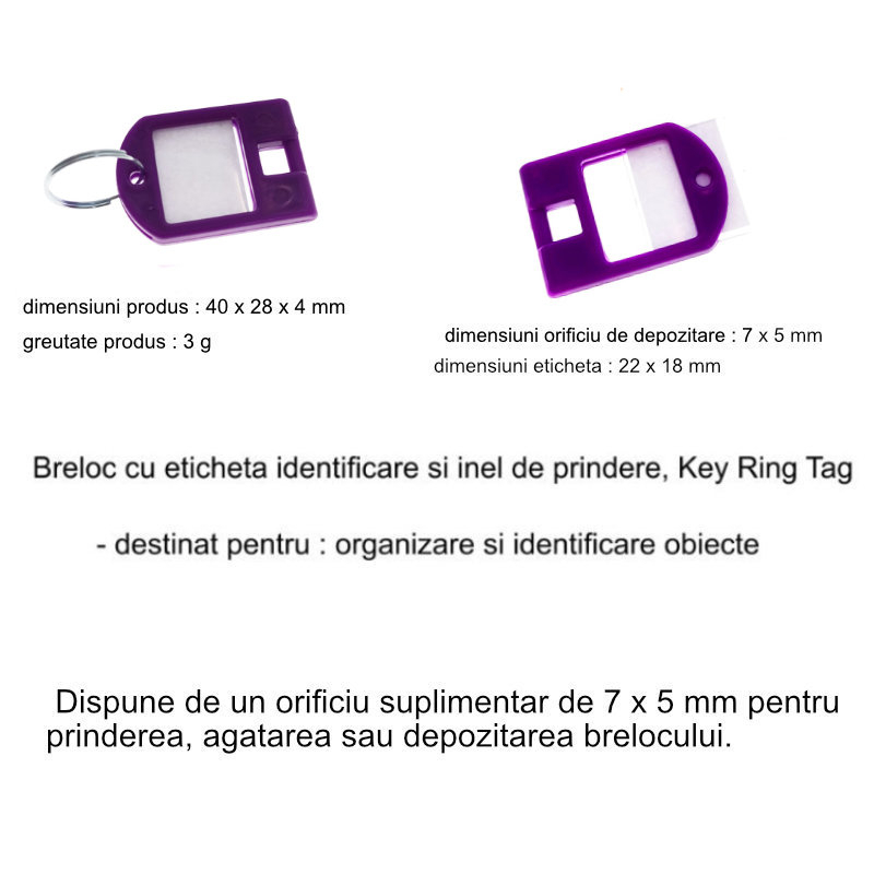 Breloc mov intens, 40 x 28 mm, cu eticheta de identificare si inel de prindere, Key Ring Tag, din plastic [9]