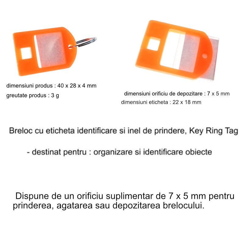 Breloc portocaliu, 40 x 28 mm, cu eticheta de identificare si inel de prindere, Key Ring Tag, din plastic [9]
