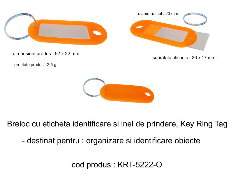 Breloc portocaliu cu eticheta identificare si inel de prindere, Key Ring Tag, 52 x 22 mm, din plastic [6]