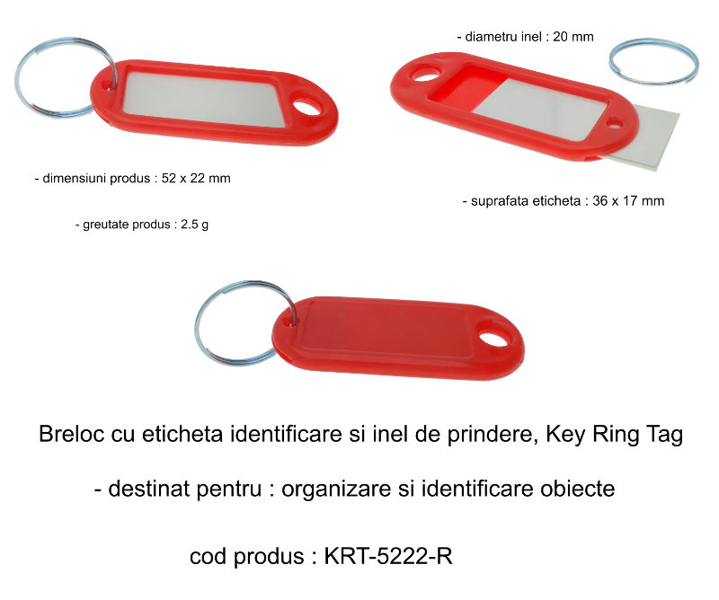 Breloc rosu cu eticheta identificare si inel de prindere, Key Ring Tag, 52 x 22 mm, din plastic [6]