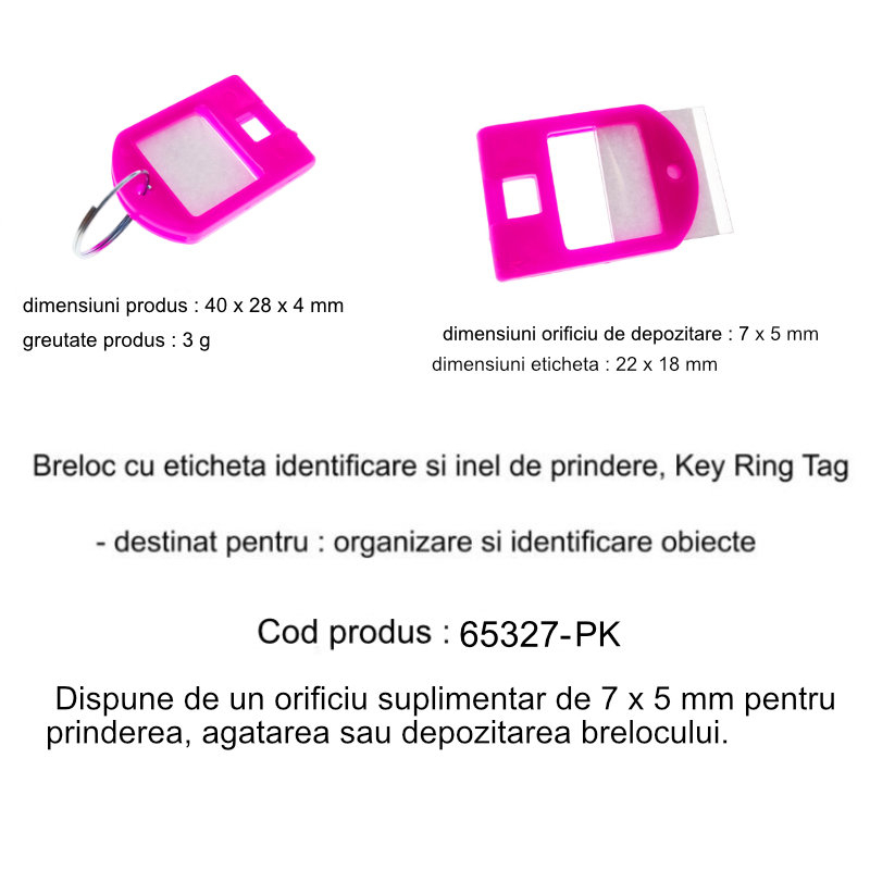 Breloc roz, 40 x 28 mm, cu eticheta de identificare si inel de prindere, Key Ring Tag, din plastic [9]