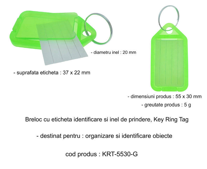 Breloc verde, 55 x 30 mm, cu eticheta identificare si inel de prindere, Key Ring Tag, din plastic [6]