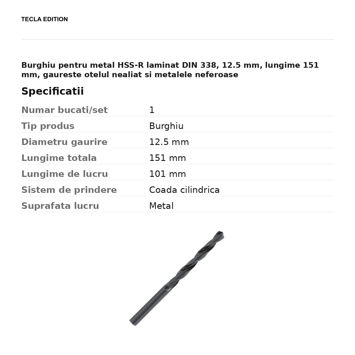 Burghiu pentru metal HSS-R laminat DIN 338, 12.5 mm, lungime 151 mm, gaureste otelul nealiat si metalele neferoase [3]