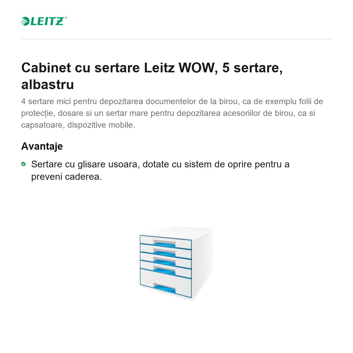 Cabinet cu sertare Leitz WOW, 5 sertare, albastru [2]