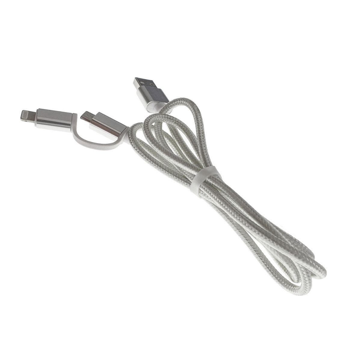 Cablu 2 in 1, USB 2.0 tata la microUSB tata si lightning 8 pin tata, lungime 90 cm, invelis textil, argintiu cu alb [5]