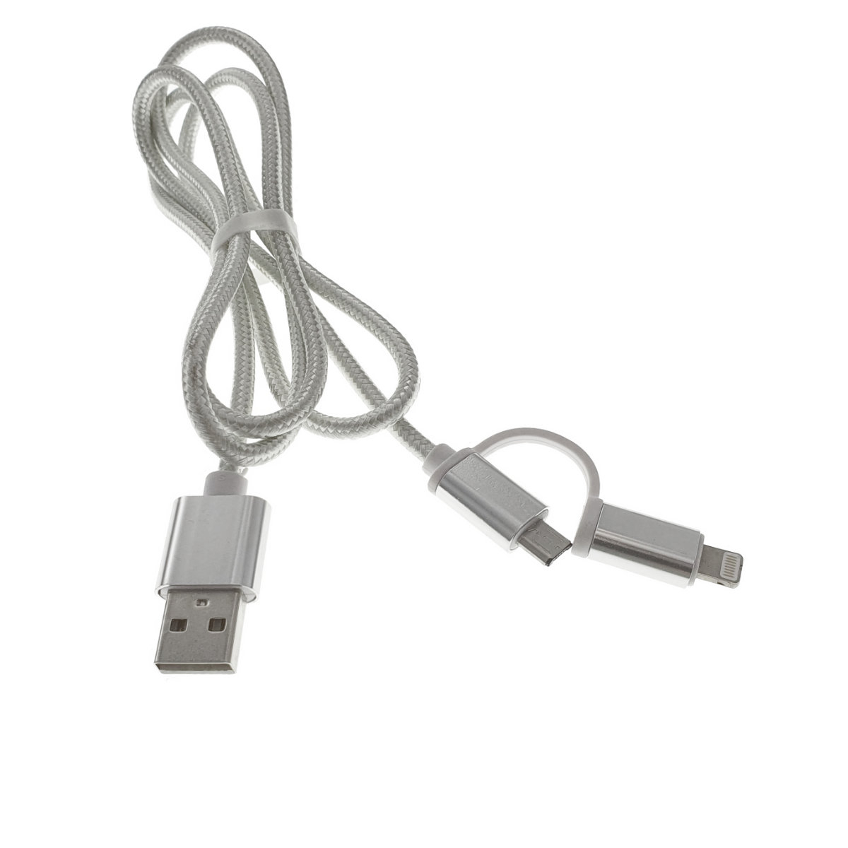 Cablu 2 in 1, USB 2.0 tata la microUSB tata si lightning 8 pin tata, lungime 90 cm, invelis textil, argintiu cu alb [6]
