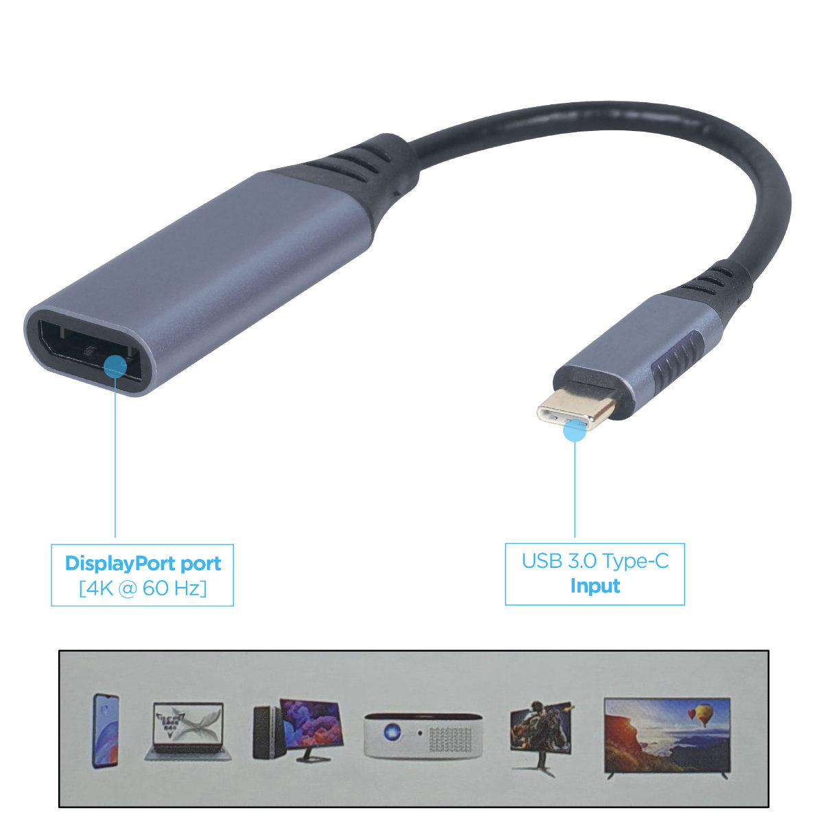 Cablu adaptor, convertor video, USB tip C tata la DisplayPort mama, Cablexpert 12136, lungime 15cm, negru [2]
