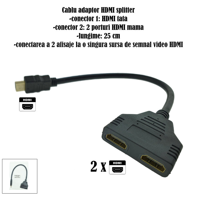 Cablu adaptor HDMI splitter, conector HDMI tata la 2 porturi HDMI mama, ADAPTHDMI, pasiv, 25 cm, negru [6]